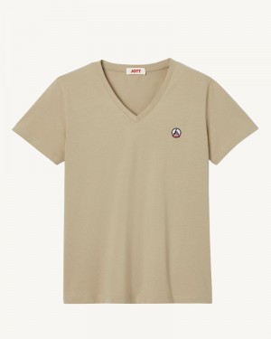 JOTT Cancun Plain V-neck Organic Pamuklu Tişört Kadın Bej Rengi | RBX-0199