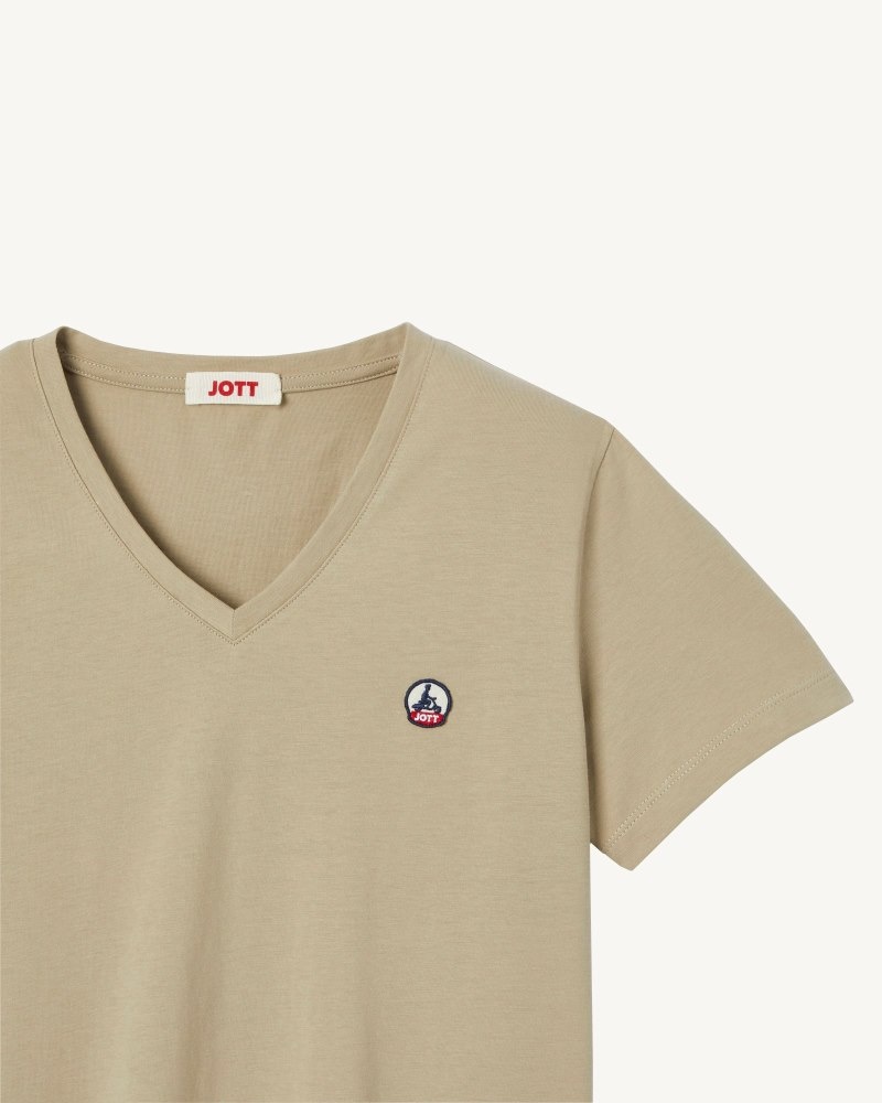 JOTT Cancun Plain V-neck Organic Pamuklu Tişört Kadın Bej Rengi | RBX-0199