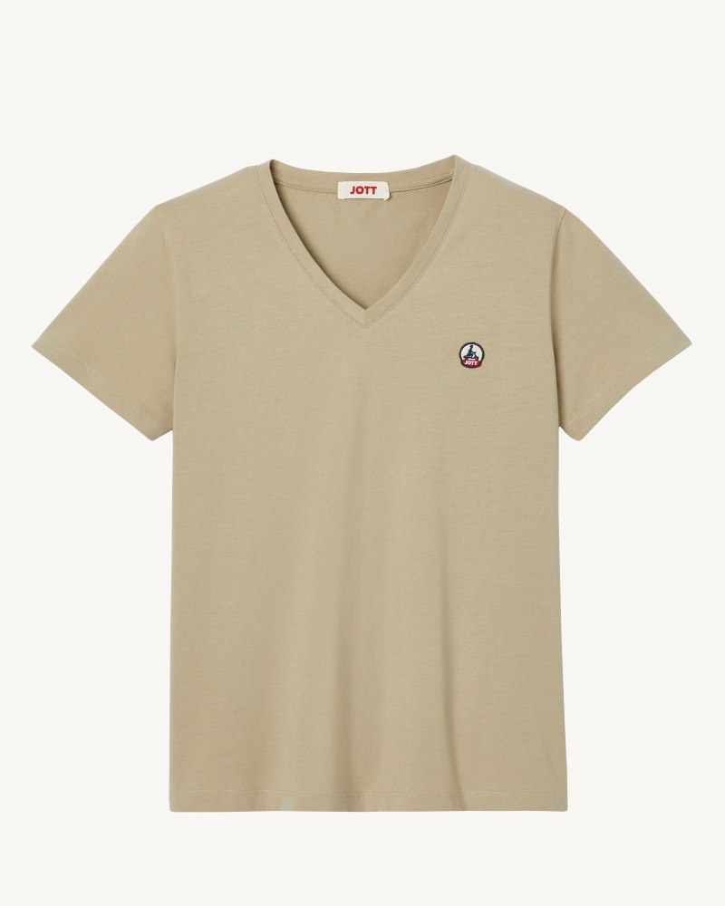 JOTT Cancun Plain V-neck Organic Pamuklu Tişört Kadın Bej Rengi | RBX-0199